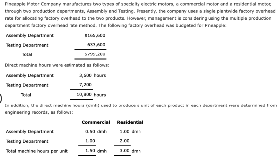 Pineapple Motor Company manufactures two types of specialty electric motors, a commercial motor and a residential motor, thro