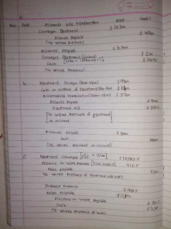 Date Credit Ans Date Debit $ 10700 $ 10700 Accounts title & Explanation Conveyon Equipment Accounts payable To record purchas