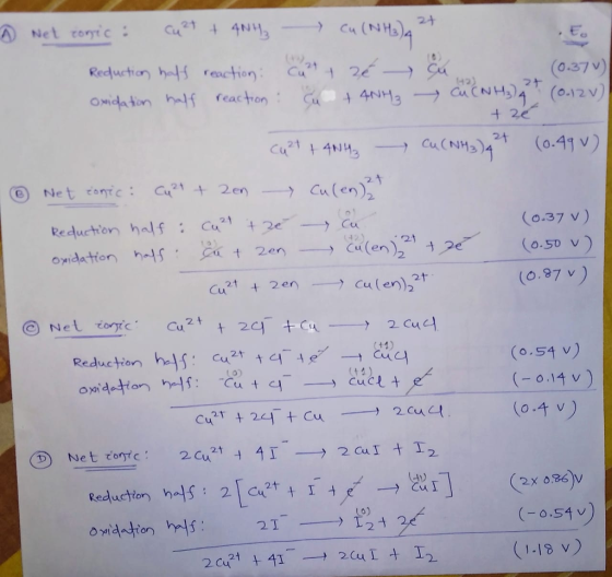 cu(N 142) 2 reaction 0-12 V (o.37 v) (o.so v (0.970) Reduction half : Cu21 + ーラ.cu 21 (o.54 v) (0.14 v) (o·チッ ctron 1 4) 21 4 2 Cu Cu (-0.54 v 21 12 (1-18 v)