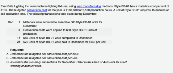 Ever-Brite Lighting Inc. manufactures lighting fixtures, using lean manufacturing methods. Style BB-01 has a materials cost p