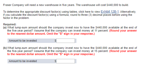 Fraser Company will need a new warehouse in five years. The warehouse will cost $440,000 to build To determine the appropriat