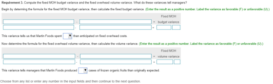 Requirement 3. Compute the fixed MOH budget variance and the fixed overhead volume variance. What do these variances tell man