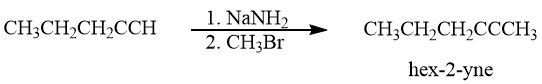 CH3CH2CH-CCHN 1. NaNH, 12 2. CH3Br CH3CH2CH2CCCH; hex-2-yne