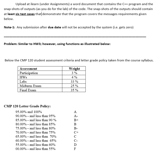 Upload at ilearn (under Assignments) a word document that contains the C++ program and the snap-shots of outputs (as you do f