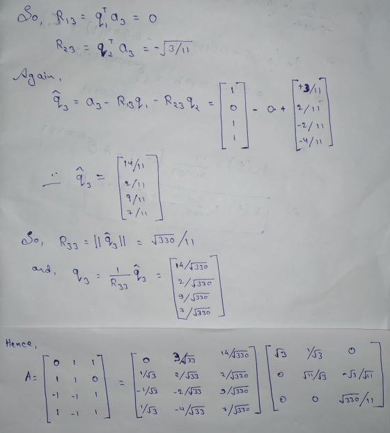 So, R₂3 Risa qa, = 0 q, ag - :-/3/11 Again å = Az - Rigg, - R234 o +3/11 O. + 2/1 1-2/11 Foto -4/11 7/11 So, R33 = 119 11 = √
