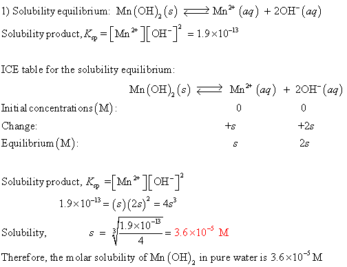 1) Solubility equilibrium: Mn(OH)(s) M na* (aq) + 2OH- (aq) Solubility product, K, = [Mn* [OH-] = 1.9x10-13 Mn(aq) + 2OH- (aq
