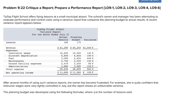 Problem 9-22 Critique a Report; Prepare a Performance Report [LO9-1, LO9-2, LO9-3, LO9-4, LO9-6] TipTop Flight School offers