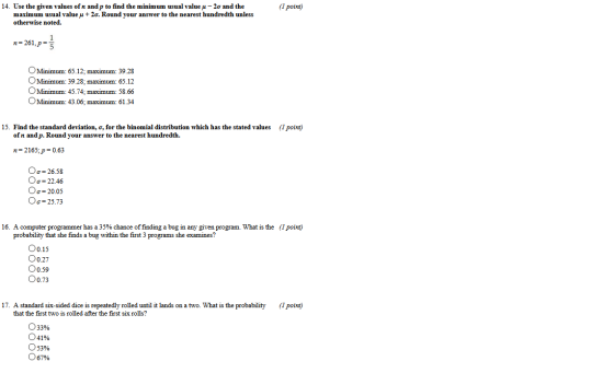 (l point) 14. Use the given values ofn and p to find the minimum usual value u - 2o and the maximum usual value u +2o. Round