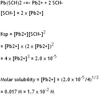 Pb(SCN)2 Pb2+ +2 SCN- Ksp - [Pb2+][SCN-] [Pb2+] x (2x [Pb2+12 4 x [Pb2+13.0x0 Molar solubility [Pb2+] (2.0 x 10 3 14)173 0.01