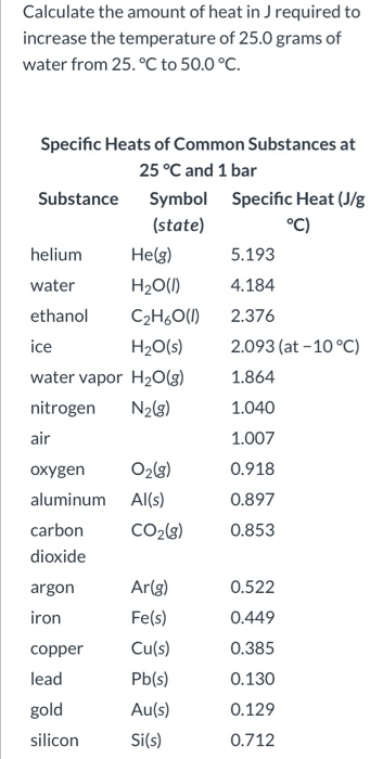Calculate the amount of heat in J required to increase the temperature of 25.0 grams of water from 25. °C to 50.0 °C. ice Spe