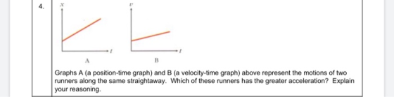 Graphs A (a position-time graph) and B (a velocity-time graph) above represent the motions of two runners along the same stra