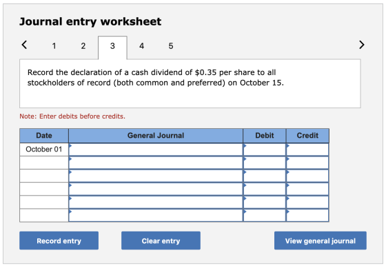 Journal entry worksheet < 1 2 3 4 5 Record the declaration of a cash dividend of $0.35 per share to all stockholders of recor