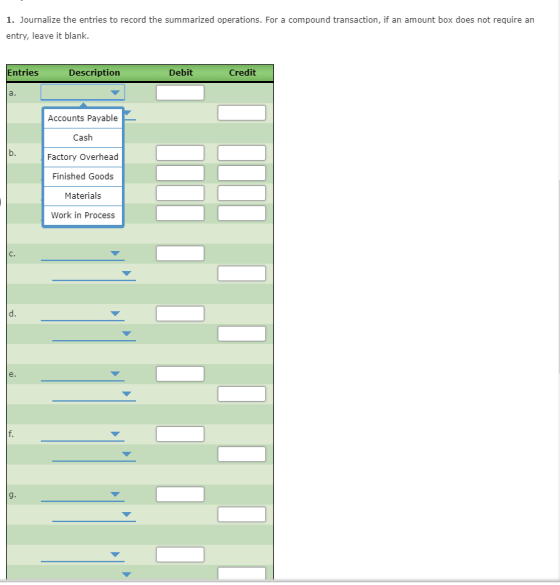 1. Journalize the entries to record the summarized operations. For a compound transaction, if an amount box does not require an entry, leave it blank. Entries Description Debit Credit Accounts Payable Cash Factory Overhead Finished Goods Materials Work in Process C.