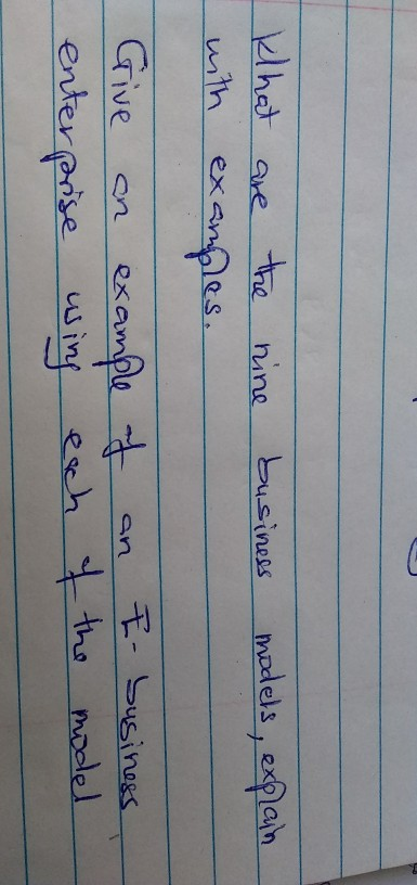 business models, explain Klhat I with are the nine examples. Give an enter prise example wing of each an I of the business mo
