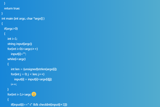 return true; int main (int argc char *argvI) if(argc>0) int i-1; string inputargcl forint i=0;i<argci++) inpu炯;; while(i<arg