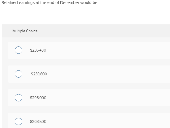 Retained earnings at the end of December would be: Multiple Choice Ο $236,400 Ο 52896οο $289,600 Ο $296,000 Ο $203,500