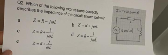Q2. Which of the following expressions correctly describes the impedance of the circuit shown below? I - Ie Sinw+6) a Z=R-jol
