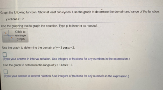 Graph the following function. Show at least two cycles. Use the graph to determine the domain and range of the function. y =