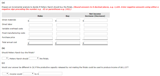 (a) Prepare an incremental analysis to decide if Pottery Ranch should buy the finials. (Round answers to 0 decimal places, e.