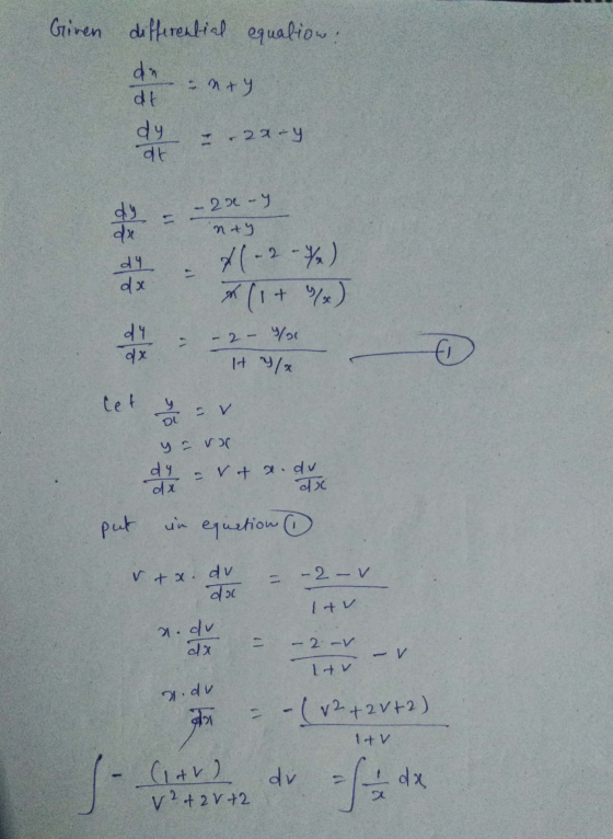Given differential equation: da nry dt dy at dy -20-y dy de - 2x - y nty dx 41-2-1) *(1 + x) 24 dx - 2- % fi it ya let - V Di