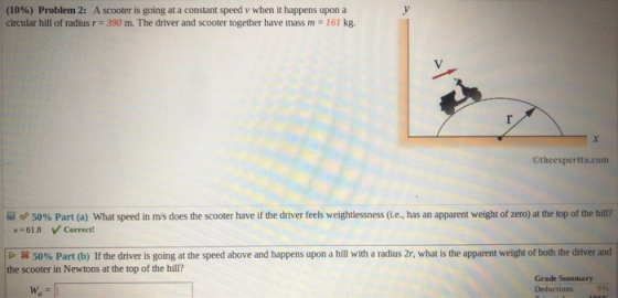 (10%) Problem 2: A scooter is going at a constant speed v when it happens upon a circular hill of radius r = 390 m. The drive