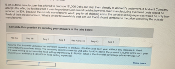 5. An outside manufacturer has offered to produce 121,000 Daks and ship them directly to Andrettis customers. If Andretti Co