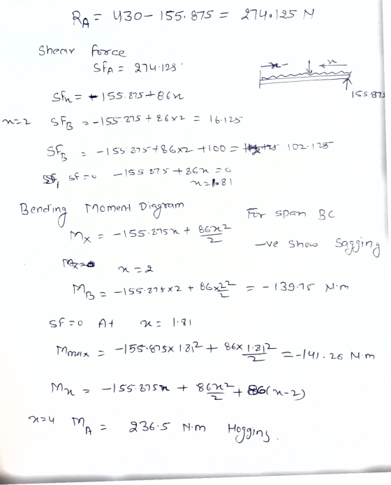 RAS 430- 155.875 = 2740115 N Shear force SFA = 274.125 -** Sfn=*155.875+862 155.gr てW SFB 7-1555275 + 86x2 = 16.125 Sys -1552