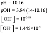 pH = 10.16
pOH = 3.84 (14-10.16)
[OH-] = 1038
[OH-] = 1.445*10*
