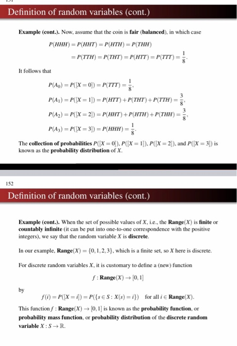 Definition of random variables (cont.), Example (cont.). Now, assume that the coin is fair balanced), in which case P(HHH) =