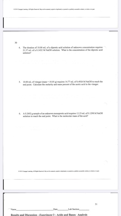 ga 30 4. The titration of 10.00 ml of a diprotie acid solution of unknown concentration requires 21.37 ml. of a 0.1432 M NaOH