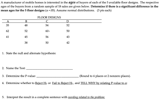 A manufacturer of mobile homes is interested in the ages of buyers of each of the 5 available floor designs. The respective a