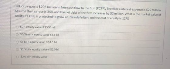 FinCorp reports $205 million in free cash flow to the firm (FCFF). The firms interest expense is $22 million. Assume the tax