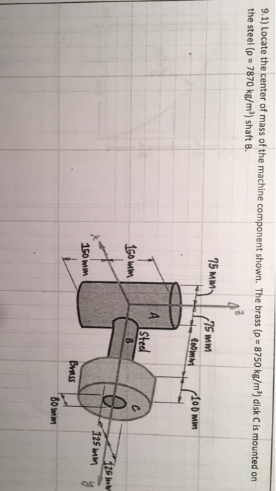 9.1) Locate the center of mass of the machine component shown. The brass (p 8750 kg/m3) disk C is mounted on the steel (p 787