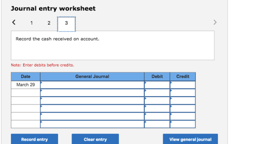 Journal entry worksheet 1 2 Record the cash received on account. Note: Enter debits before credits. Date General Journal Debi