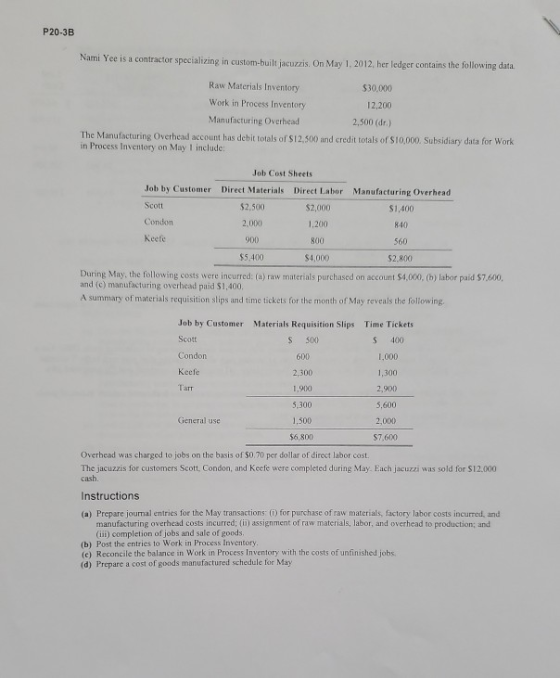 P20-3B Nami Yee is a contractor specializing in custom-built jacuzzis. On May 1, 2012, her ledger contains the following data