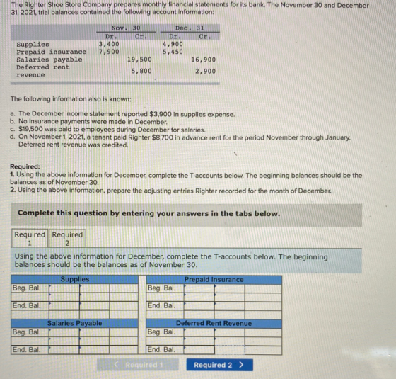 The Righter Shoe Store Company prepares monthly financial statements for its bank. The November 30 and December 31, 2021, tri