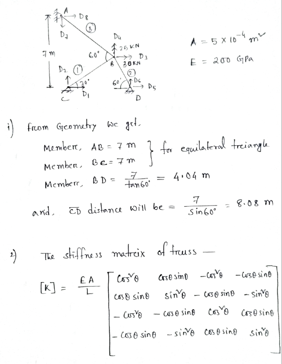 A D8 Da Du -4 A = 5 x 10 m2 25 KN Im 60 D3 B 30 KN E = 200 G Pa Dz © DE 60 D5 D :) from Geometry we get Member, AB = 7 m c