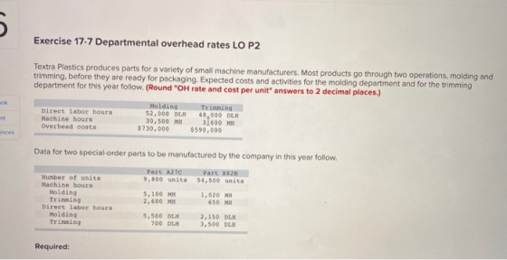 Exercise 17-7 Departmental overhead rates LO P2 Textra Plastics produces parts for a variety of small machine manufacturers.