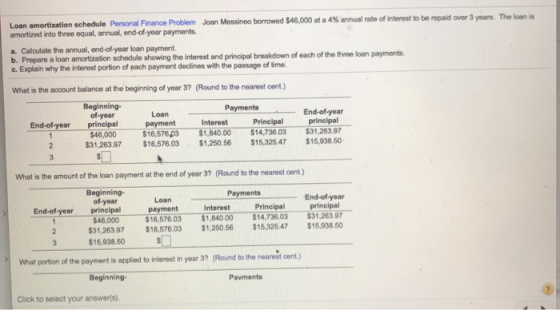 Loan amortization schedule Personal Finance Problem Joan Messineo borrowed $46,000 at a 4% annual rate of interest to be repa