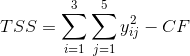 TSS=\sum_{i=1}^{3} \sum_{j=1}^{5}y_{ij}^{2}-CF