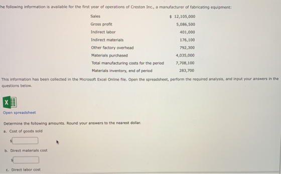 The following information is available for the first year of operations of Creston Inc, a manufacturer of fabricating equipme