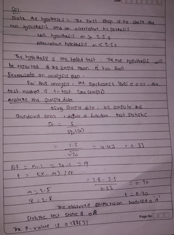 Date Soke the yc plan Enakme the-ample data 20 2.8-210 2 Page No□□□□ Stah She hest stahod na The p-value is o 3