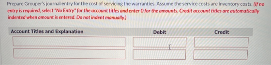 Prepare Groupers journal entry for the cost of servicing the warranties. Assume the service costs are inventory costs. (If n