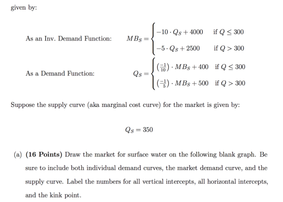given by: -10 · Qs + 4000 if Q < 300 As an Inv. Demand Function: MBs= –5 · Qs + 2500 if Q> 300 As a Demand Function: G•)· MBs