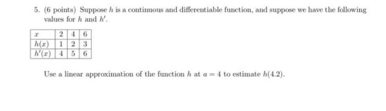 5. (6 points) Suppose h is a contimous and differentiable function, and suppose we have the following values for h and W ( 1