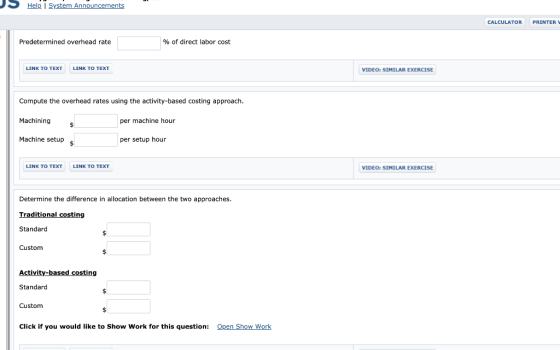 Help System Announcements CALCULATOR PRINTER Predetermined overhead rate % of direct labor cost LINK TO TEXT LINK TO TEXT VID