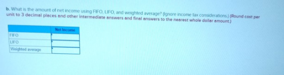 b. What is the amount of net income using FIFO, LIFO, and weighted average? (Ignore income tax considerations (Round cost per