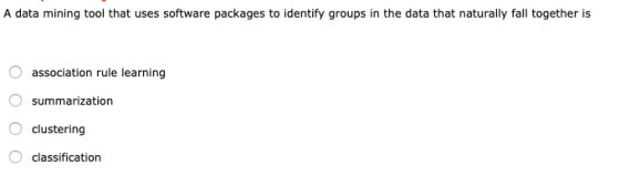 A data mining tool that uses software packages to identify groups in the data that naturally fall together is O association r