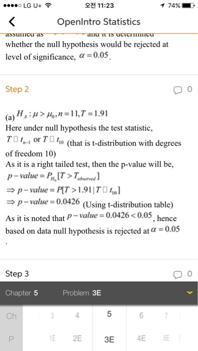 o LG U+ 오전 11:23 74% Openlntro Statistics whether the null hypothesis would be rejected at level of significa nce, a Step 2 0 (a) HA : μ > μ。,n=11,T = 1.91 Here under null hypothesis the test statistic, TO r TU 1o (that is t-distribution with degrees of freedom 10) As it is a right tailed test, then the p-value will be, p-value = PalT >T,bserved] p-value = P[T > 1.91170:W p-valu 0.0426 (Using t-distribution table) As it is noted that P-value 0.04260.05 based on data null hypothesis is rejected at a 0.05 , hence Step 3 Chapter 5 Ch 0 Problem 3E 4 5 E 2E 3E