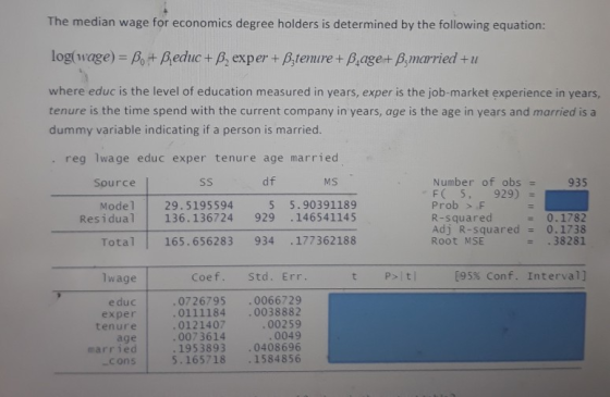 The median wage for economics degree holders is determined by the following equation: log( wage) = Be + B educ + B, exper+ B